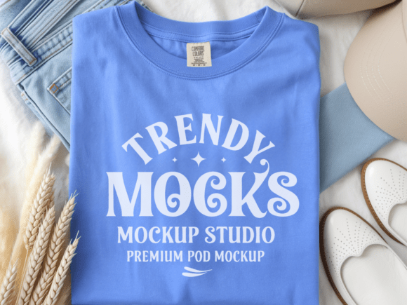 Download Flo Blue C1717 Flat Lay T-shirt Mockup - Premium Resources